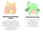 &gt;:&lt; 2016 2_horns animal_humanoid anthro blue_eyes blush blush_stickers bovid bovid_humanoid bovine bovine_humanoid canid canine canis cattle_humanoid character_name digital_drawing_(artwork) digital_media_(artwork) domestic_dog duo emmie_(theycallhimcake) english_description english_text eye_through_hair eyebrow_through_hair eyebrows eyelashes eyeless female fur green_hair hair headshot_portrait horn humanoid inner_ear_fluff light_body light_skin mammal mammal_humanoid model_sheet portrait salmon_hair simple_background text theycallhimcake totty_(character) translucent translucent_hair tuft white_background yellow_body yellow_fur