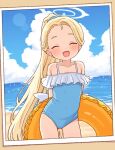  1girl :d alternate_costume alternate_hairstyle arms_behind_back ass_visible_through_thighs beach blonde_hair blue_archive blue_halo blue_one-piece_swimsuit blue_scrunchie blush casual_one-piece_swimsuit closed_eyes cloud collarbone commentary covered_navel fang flat_chest forehead frilled_innertube frilled_one-piece_swimsuit frills hair_ornament hair_scrunchie halo innertube long_hair mini_wings ocean off-shoulder_one-piece_swimsuit off_shoulder one-piece_swimsuit onyhakase open_mouth orange_innertube outdoors photo_(object) ponytail scrunchie smile solo sora_(blue_archive) swim_ring swimsuit very_long_hair white_wings wings 