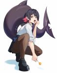  1girl black_hair black_shoes blue_skirt breasts brown_pantyhose candy commentary ellen_joe ellen_joe_(on_campus) fins fish_tail food highres holding holding_candy holding_food holding_lollipop huge_breasts large_tail lollipop looking_at_viewer miniskirt official_alternate_costume open_mouth pantyhose piranha_(piranha_arts) red_eyes shark_tail shirt shoes short_hair short_sleeves skirt solo tail thighs tongue white_shirt zenless_zone_zero 