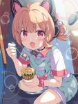  1girl alternate_costume alternate_hairstyle animal_ear_headphones animal_ears black_choker blonde_hair blue_archive blue_overalls blue_socks blush cat_ear_headphones cat_tail choker cup fake_animal_ears fake_tail food food_on_face hair_bun headphones highres holding holding_cup holding_spoon kneehighs lens_flare mikoshi_(user_wvyd4348) momoi_(blue_archive) open_mouth overalls pink_eyes polka_dot pudding shirt short_sleeves socks solo spoon t-shirt tail white_shirt 