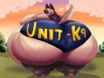 2024 4:3 adansin anthro belly big_belly big_breasts big_butt big_cheeks black_nose blue_bottomwear blue_clothing blue_shorts bottomwear breasts brown_body brown_ears brown_eyes brown_inner_ear brown_tail butt canid canine canis chubby_cheeks clothing cloud colored digital_media_(artwork) domestic_dog female german_shepherd grass herding_dog hi_res huge_belly huge_breasts huge_butt huge_thighs hyper hyper_belly hyper_breasts hyper_butt hyper_thighs looking_back mammal morbidly_obese morbidly_obese_anthro morbidly_obese_female multicolored_body obese obese_anthro obese_female orange_sky outside overweight overweight_anthro overweight_female pastoral_dog plant police rear_view shaded sharp_teeth shorts shrub sky solo tail tan_body tan_tail teeth text text_on_clothing thick_thighs tight_clothing two_tone_body two_tone_tail unit-k9_(adansin)