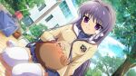  1girl animal artist_request blue_sky boar botan_(clannad) brown_jacket brown_shoes building clannad cloud crossover fujibayashi_kyou game_cg hair_ribbon highres higurashi_no_naku_koro_ni higurashi_no_naku_koro_ni_mei hikarizaka_private_high_school_uniform jacket long_hair long_sleeves looking_at_viewer non-web_source official_art outdoors petting purple_eyes purple_hair ribbon school_uniform shoes sky smile sparkle thighhighs tree white_ribbon white_thighhighs wrapped_bento 