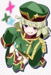  1girl :d absurdres araga_kiwi black_panties blunt_bangs blush_stickers breasts coat commentary dot_nose drop_shadow epaulettes full_body garter_straps green_hair green_thighhighs grey_background hat highres large_breasts leoparde_(mahou_shoujo_ni_akogarete) long_hair looking_at_viewer magical_girl mahou_shoujo_ni_akogarete military_coat mole mole_under_eye no_pants noyama_takenoko open_mouth outline panties red_eyes simple_background sleeves_past_fingers sleeves_past_wrists smile solo sparkle thighhighs underwear very_long_sleeves white_outline 