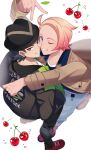  2boys arm_up black_hair black_hat blue_eyes brown_eyes brown_jacket cherry commentary_request food from_above fruit grin hat highres jacket long_sleeves male_focus mocacoffee_1001 multiple_boys one_eye_closed pants paxton_(pokemon) pokemon pokemon_legends:_z-a red_shoes shirt shoes short_hair signature smile teeth urbain_(pokemon) v white_shirt 