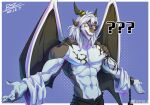 2020 5_fingers abs absurd_res anthro arm_tattoo barazoku black_body blue_background blush bodily_fluids bottomwear character_request chest_tattoo clothed clothing confusion cuff_(restraint) cuffs_(clothing) dated digital_media_(artwork) dragon fansl fingers hair hi_res horn male markings membrane_(anatomy) membranous_wings multi_horn muscular muscular_anthro muscular_male mythological_creature mythological_scalie mythology open_hand pecs question_mark red_markings restraints scalie shackles signature simple_background solo spread_arms sweat tattoo topless topless_anthro topless_male white_body white_hair wings yellow_markings
