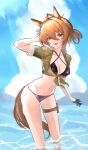  1girl agnes_tachyon_(lunatic_lab)_(umamusume) agnes_tachyon_(umamusume) ahoge animal_ears bardaneekaki bare_legs bikini black_bikini black_gloves blue_ribbon brown_hair brown_tail collarbone collared_shirt commentary criss-cross_halter cropped_shirt ear_ribbon gloves green_shirt hair_between_eyes halterneck hand_in_own_hair highres horse_ears horse_girl horse_tail looking_at_viewer medium_hair navel open_mouth pocket ponytail pouch red_eyes ribbon shirt short_sleeves sidelocks sleeves_rolled_up smile solo swimsuit tail thigh_pouch umamusume wading 