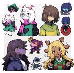  1other 2boys 2girls absurdres chibi colored_skin deer_girl deltarune freckles goat_boy goat_horns hair_over_eyes hair_over_one_eye highres horns kris_(dark_world)_(deltarune) kris_(deltarune) lancer_(deltarune) moss multiple_boys multiple_girls noelle_holiday purple_skin ralsei red_eyes shio_0585 smile susie_(dark_world)_(deltarune) susie_(deltarune) upper_body 