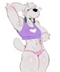 anthro arm_tuft armpit_hair beagle black_nose body_hair canid canine canis clothing colored_line_art crop_top curvy_figure domestic_dog eyes_closed female fur grey_body grey_fur hana_(hanaarts) hanaarts hand_on_head hand_on_hip head_tuft heart_clothing heart_symbol hourglass_figure hunting_dog mammal navel nub_tail panties pink_clothing pink_panties pink_underwear purple_clothing purple_crop_top purple_shirt purple_topwear scent_hound shirt shoulder_tuft simple_background solo tail thick_thighs tongue tongue_out topwear tuft underwear white_background woken_up