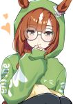  1girl absurdres animal_ears black_pantyhose blush braid brown_hair closed_mouth clothes_writing ear_ornament ears_through_hood glasses green_hoodie grey-framed_eyewear grey_eyes hand_up heart highres hood hood_up hoodie horse_ears horse_girl ikuno_dictus_(umamusume) ka_(ka_p019) long_hair long_sleeves looking_at_viewer pantyhose puffy_long_sleeves puffy_sleeves round_eyewear simple_background single_braid smile solo umamusume upper_body white_background 