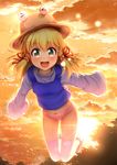  &gt;_&lt; :d backlighting bangs blonde_hair blue_vest bow bow_panties closed_eyes cloud cross-laced_clothes eyebrows eyebrows_visible_through_hair full_body green_eyes hair_ornament hair_ribbon hat highres jumping lens_flare light_particles long_hair long_sleeves looking_at_viewer moriya_suwako no_pants open_mouth orange_sky outdoors panties pink_panties red_ribbon ribbon shirt shoes sidelocks sinzen sky smile solo sun thighhighs touhou tree tress_ribbon turtleneck underwear vest white_footwear white_legwear white_shirt wide_sleeves yellow_eyes 