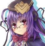  1girl beret black_ribbon emil_chronicle_online glasses hair_ribbon hat maou_mikage neck_ribbon paracelsus_lore portrait purple_eyes red_ribbon ribbon smile 