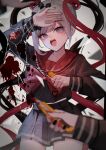  1girl absurdres black_bow black_shirt blood blue_eyes blurry bow boxcutter chouzetsusaikawa_tenshi-chan chouzetsusaikawa_tenshi-chan_(dark_angel) commentary crack cracked_glass depth_of_field distortion english_commentary female_pov grey_hair grey_skirt hair_bow hand_up heart highres long_sleeves mirror multicolored_hair nail_polish needy_girl_overdose open_mouth pov pov_hands red_bow red_hair red_sailor_collar sailor_collar school_uniform serafuku shirt skirt twintails wny_(wnys_art) 
