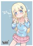  1girl absurdres artist_name blonde_hair blue_background blue_eyes blue_shirt blush character_name closed_mouth collarbone commentary_request cowboy_shot dated double_v flat_chest flying_sweatdrops hair_ornament hairclip heart highres layered_skirt leonat long_hair long_sleeves looking_at_viewer miniskirt off-shoulder_shirt off_shoulder original parallel_hairclips pink_skirt pleated_skirt pointy_ears puffy_long_sleeves puffy_sleeves shirt signature simple_background skirt solo v 