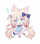  ! 1girl animal_ear_fluff animal_ears blonde_hair blue_bow blue_eyes blue_hair bow cat_ears chibi crab dress fang hair_bow indie_virtual_youtuber lifebuoy_hair_ornament long_hair low_twintails mizumizu_(phoenix) multicolored_hair sameko_saba seashell shell simple_background solo streaked_hair tail twintails two-tone_hair white_background white_dress 