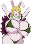 2022 anthro big_breasts bikini biped blonde_hair blush bouncing_breasts breast_squish breasts buckteeth cape carrot_(one_piece) cleavage clothed clothing curvy_figure digital_drawing_(artwork) digital_media_(artwork) eyes_closed female green_bikini green_clothing green_swimwear hair happy hi_res hourglass_figure huge_breasts huge_hips lagomorph leporid mammal micro_bikini midriff minkmen_(one_piece) momijizx navel one_piece open_mouth open_smile portrait rabbit raised_arms short_hair smile solo squish swimwear teeth three-quarter_portrait two-piece_swimsuit under_boob white_body wide_hips