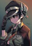  1boy adjusting_clothes adjusting_headwear amon_(megido72) artist_name bag black_cape black_gloves black_hair black_hat black_shirt brown_eyes cape closed_mouth collared_jacket commentary gloves green_jacket hair_between_eyes hand_on_headwear hand_up hat jacket kuroda_(kuro_yyy) looking_down male_focus megido72 newsboy_cap red_bag shirt short_hair shoulder_bag signature solo translated upper_body 