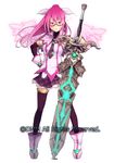  black_legwear boots full_body glasses hand_on_hip highres long_hair looking_at_viewer meikyuu_tansaku_dragon_princess necktie painpa petals pink_eyes pink_hair plaid plaid_neckwear plaid_skirt planted_weapon skirt solo standing sword thighhighs watermark weapon wings 