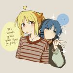  ... 2girls absurdres ahoge blonde_hair blue_hair bocchi_the_rock! detached_ahoge english_text grey_background hair_ornament hairclip highres ijichi_nijika jewelry machuuu68 multiple_girls necklace red_eyes shirt short_hair side_ponytail simple_background sparkle striped_clothes striped_shirt sweat v yamada_ryo yellow_eyes 