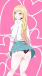  1girl ass barbell_piercing bead_bracelet beads blonde_hair blue_skirt blush bracelet clenched_teeth collared_shirt colored_tips commentary_request ear_piercing frilled_panties frills from_behind highres jewelry kitagawa_marin long_hair looking_at_viewer looking_back microskirt multicolored_hair multiple_bracelets nail_polish osage_gankyou panties pantyshot piercing pink_eyes pink_nails pleated_skirt purple_panties school_uniform shirt skirt solo sono_bisque_doll_wa_koi_wo_suru standing summer_uniform teeth thighs underwear white_shirt 