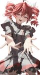  1girl :d ahoge black_sleeve_cuffs bow commentary corrupted_twitter_file cowboy_shot cryne double-parted_bangs drill_hair fingernails floating_hair grey_jacket grey_skirt hair_between_eyes hair_bow highres jacket kasane_teto kasane_teto_(sv) layered_skirt layered_sleeves long_sleeves looking_at_viewer midriff_peek musical_staff musical_staff_print offering_hand open_mouth reaching reaching_towards_viewer red_eyes red_hair red_nails red_skirt red_trim skirt skirt_set smile solo striped_clothes striped_jacket striped_skirt synthesizer_v teeth twin_drills twitter_username upper_teeth_only utau 