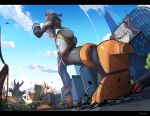  1girl absurdres aircraft airplane armor ass blue_sky bodysuit breasts building car city cloud colossus_(natsukaze_shigure) contrail day debris destruction explosion fire foreshortening from_below giant giantess green_eyes grey_hair headgear helicopter highres impossible_bodysuit impossible_clothes kaiju large_breasts letterboxed magical_girl monster motor_vehicle natsukaze_shigure original outdoors reflection rubble short_hair skin_tight sky skyscraper standing variant_set 