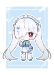  1girl alternate_costume apron bandaid bandaid_on_face blue_background blue_jacket blue_shorts blush_stickers border chibi cinderella_(nikke) commentary deformed full_body goddess_of_victory:_nikke hair_ornament hair_over_one_eye hairclip hand_up heart highres jacket kneehighs long_hair loose_socks maid_apron maid_headdress momori_sensei name_tag outline red_eyes shoes shorts socks solo twintails very_long_hair waist_apron white_border white_hair white_outline white_socks zettai_ryouiki 