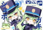  2girls absurdres armband blue_archive blue_armband closed_mouth commentary gloves green_hair green_halo halo hands_up hat highres hikari_(blue_archive) iorite_art long_hair multiple_girls nozomi_(blue_archive) open_mouth orange_eyes peaked_cap pointy_ears siblings sisters train_conductor twins twitter_username upper_body white_gloves 