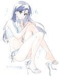  1girl bare_arms bare_legs bikini blue_hair blue_neckerchief blue_sailor_collar brown_eyes commentary full_body groin hands_on_own_knee high_heels highres idolmaster idolmaster_(classic) kisaragi_chihaya knees_up long_hair looking_at_viewer navel neckerchief nozawa_noko parted_lips sailor_bikini sailor_collar sailor_swimsuit_(idolmaster) simple_background solo sparkle swimsuit white_background white_bikini 