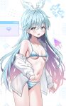  1girl artist_request bikini blue_bikini blue_eyes blue_hair blush breasts colored_inner_hair commentary_request commission cowboy_shot hair_between_eyes highres korean_commentary long_hair looking_at_viewer medium_breasts multicolored_hair navel open_mouth original purple_hair second-party_source see-through_clothes see-through_shirt shirt single_off_shoulder solo star-shaped_pupils star_(symbol) stomach striped_bikini striped_clothes swimsuit symbol-shaped_pupils white_bikini white_shirt 