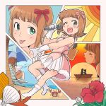  1boy 1girl :p amami_haruka beach beach_umbrella boat boots bow brown_hair closed_eyes closed_mouth crab cute_&amp;_girly_(idolmaster) dress flower full_body gloves green_eyes hair_bow hetero hibiscus holding holding_microphone idolmaster idolmaster_(classic) idolmaster_1 imminent_kiss looking_at_viewer microphone multiple_views one_eye_closed open_mouth outdoors pink_bow pink_dress red_bow red_flower shell short_hair sitting smile snow_strawberry_(idolmaster) starfish sunset tongue tongue_out tsubobot umbrella watercraft white_boots white_gloves 