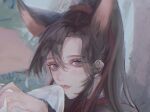  1boy animal_ears black_hair black_hanfu blanket blush brown_hair chinese_clothes closed_mouth eyelashes fang fang_out fox_boy fox_ears fox_tail grass hair_ribbon hanfu highres holding holding_blanket kemonomimi_mode long_hair looking_at_viewer male_focus modao_zushi ojisan_rbt outdoors ponytail purple_eyes red_ribbon ribbon sidelocks solo tail tree upper_body wei_wuxian 