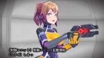  1girl 3d agent_mirai blender_(medium) blue_eyes bodysuit breasts brown_hair covered_navel covered_nipples gun hexagon_print highres holding holding_gun holding_weapon impossible_bodysuit impossible_clothes looking_at_viewer mirai_(agent_mirai) open_mouth orange_bodysuit ponytail short_hair skin_tight solo sweat sweatdrop umaaji_lady_mk2 weapon zero_suit 