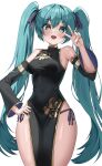  1girl absurdres aqua_eyes aqua_hair arm_tattoo bare_shoulders black_dress black_sleeves blue_ribbon blush breasts china_dress chinese_clothes covered_navel detached_sleeves dress gold_trim hair_between_eyes hair_ribbon hand_up hands_on_own_hips hatsune_miku highres long_hair looking_at_viewer medium_breasts nannanana3939 number_tattoo open_mouth panties pelvic_curtain ribbon side-tie_panties simple_background sleeveless sleeveless_dress smile solo standing tattoo twintails underwear v very_long_hair vocaloid white_background wide_sleeves 