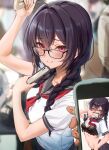  ahoge arm_up black-framed_eyewear black_bra black_hair black_sailor_collar blush bra braid breasts cellphone cleavage closed_mouth full-length_mirror glasses hair_between_eyes highres holding holding_phone lace-trimmed_bra lace_trim long_hair looking_at_viewer medium_breasts megane-chan_(yufou) mirror mirror_selfie navel neckerchief open_clothes open_skirt original panties phone phone_over_face pink_eyes red_neckerchief reflection reflection_focus sailor_collar school_uniform selfie serafuku shirt short_sleeves skirt smartphone smile stomach subway taking_picture train_interior twin_braids underwear white_shirt yufou 