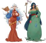  2girls absurdres animal_skull artist_name bird_skull blue_eyes blue_hair book borrowed_character bracelet branch breasts cleavage_cutout clothing_cutout commentary dress english_commentary feathers frog green_dress hair_between_eyes hair_over_one_eye hand_on_own_hip highres hip_vent holding holding_book holding_staff huge_breasts jewelry long_hair long_pointy_ears long_sleeves looking_at_viewer milkjam_(bombajead) mole mole_on_breast mole_under_eye multiple_girls one_eye_covered open_book original parted_lips patch pointy_ears puffy_sleeves red_dress red_eyes round_eyewear simple_background smile staff torn_clothes torn_dress twitter_username very_long_hair white_background white_hair wide_sleeves 