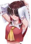  1girl absurdres armpits arms_up ascot blush breasts brown_eyes brown_hair chest_sarashi collarbone commentary_request detached_sleeves frilled_hair_tubes frills hair_tie_in_mouth hair_tubes hakurei_reimu highres long_hair looking_at_viewer midriff mouth_hold navel otsu_hai18 ribbon-trimmed_sleeves ribbon_trim sarashi solo sweat touhou tying_hair yellow_ascot 