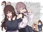  2girls black_sailor_collar blonde_hair blue_sweater blush braid breasts brown_cardigan brown_hair cardigan commentary_request donut eating fang food grey_hair hair_between_eyes hair_ornament hairclip half_up_braid heart highres kanade_(kanade_3344) large_breasts locked_arms long_hair long_sleeves mole mole_under_eye multiple_girls neckerchief one_eye_closed open_cardigan open_clothes open_mouth otowa-san_(sensei_to_mondaiji?_no_yuri) otowa-san_(young)_(sensei_to_mondaiji?_no_yuri) outline red_neckerchief sailor_collar school_uniform sensei_(sensei_to_mondaiji?_no_yuri) sensei_to_mondaiji?_no_yuri serafuku shirt side_ponytail skin_fang sweater translation_request v white_outline white_shirt white_sweater 