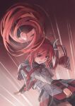  1girl absurdres ahoge arm_behind_back belt black_skirt blurry bow brown_belt buttons clenched_teeth commentary_request double-breasted drill_hair english_commentary farrelarda64085 grey_jacket grey_skirt hair_between_eyes hair_bow hair_ribbon head_down highres jacket kasane_teto kasane_teto_(sv) layered_sleeves long_hair long_sleeves looking_at_viewer musical_staff musical_staff_print red_hair red_skirt red_trim ribbon skirt skirt_set solo striped_clothes striped_jacket striped_skirt synthesizer_v teeth twin_drills utau white_bow white_ribbon 