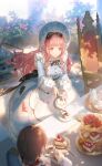  1boy 1girl ace_(playing_card) ace_of_hearts ace_of_spades alice&#039;s_teaspoon_(shining_nikki) apron artist_request black_bow black_ribbon blue_bonnet blue_coat blue_dress blueberry bonnet bow brown_eyes brown_hair bush buttons cake cake_slice card chair checkered_floor classic_lolita clock_print closed_mouth coat collar collared_coat cup day dot_nose dress flower food fork formal_clothes frilled_apron frilled_collar frilled_headwear frilled_sleeves frills fruit game_cg hair_bow happy heart highres holding holding_cup holding_teapot lace-trimmed_dress lace_trim lolita_fashion long_dress long_sleeves looking_ahead multicolored_buttons multiple_hair_bows neck_ribbon nikki_(nikki) nikki_(series) official_art outdoors pink_flower pink_rose plate playing_card playing_card_print pleated_dress pouring puffy_long_sleeves puffy_sleeves ribbon rose rose_bush saucer shade shining_nikki short_hair sidelocks smile solo_focus spade_(shape) standing strawberry tea tea_party teacup teapot wavy_hair white_apron 