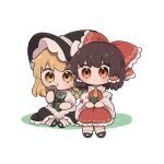  2girls apron ascot black_hair black_hat black_skirt black_vest blonde_hair bow bowtie braid brown_eyes brown_hair chibi chibi_only closed_mouth commentary cup detached_sleeves eating food frilled_bow frilled_hair_tubes frilled_skirt frills green_bow green_bowtie hair_bow hair_tubes hakurei_reimu hat hat_bow highres kirisame_marisa long_hair multiple_girls red_bow red_skirt ribbon-trimmed_skirt ribbon-trimmed_sleeves ribbon_trim senbei side_braid simple_background single_braid sitting skirt skirt_set tea touhou twitter_username uzuki_(amayadori) vest waist_apron white_background white_bow witch_hat yellow_ascot yellow_eyes yunomi 