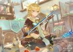  1boy aether_(genshin_impact) ahoge animal animal_ears apple armor baggy_pants belt black_boots blonde_hair book book_stack bookshelf boots braid brown_belt brown_gloves brown_pants brown_shirt cat cat_ears cat_tail closed_mouth coin crossed_legs crystal earrings food fruit gauntlets genshin_impact gloves gold_coin gold_trim hair_between_eyes hair_ornament hair_ribbon hands_up highres holding holding_sword holding_weapon indoors jewelry lamp lantern long_hair looking_at_object low-braided_long_hair low-tied_long_hair male_focus midriff navel pants pear pet picture_frame ribbon scarf shadow shirt short_sleeves shoulder_armor single_earring smile sparkle star_(symbol) sunlight sword table tail treasure_chest weapon white_cat white_ribbon white_scarf window wooden_floor yellow_eyes zashikino_shiki 