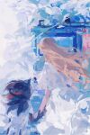  1boy 1girl blonde_hair ciuchviicuq cloud dress from_behind furry furry_male heaven highres holding_hands long_hair maria_robotnik pixel_art shadow_the_hedgehog sonic_(series) white_dress 