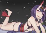  ankle_ribbon ass bow butt_crack fate/grand_order fate_(series) finger_licking horns japanese_clothes kimono leg_up licking looking_at_viewer lying nana_(chenning717) obi on_stomach oni oni_horns open_mouth petals purple_eyes ribbon sash short_hair shuten_douji_(fate/grand_order) solo 