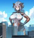  1girl ahoge artist_name blue_hair blue_sky bodysuit breasts building city cloud colossus_(natsukaze_shigure) covered_navel covered_nipples day giant giantess green_eyes grey_hair hair_between_eyes hands_on_own_hips headgear hexagon_print highres impossible_bodysuit impossible_clothes large_breasts looking_at_viewer magical_girl natsukaze_shigure original outdoors short_hair skin_tight sky skyscraper smile solo twintails 