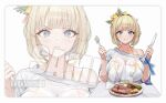  1girl bikini bikini_under_clothes blonde_hair blue_eyes blush breasts brown_dust_(series) brown_dust_2 butter determined eating food fork hair_ornament highres holding holding_knife justia_(brown_dust) justia_(pool_party)_(brown_dust) knife official_alternate_costume official_art sample_watermark see-through_clothes see-through_shirt shirt single_bare_shoulder small_horns steak swimsuit watermark wet wet_clothes wet_shirt white_bikini 