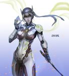  armor blue_background bodysuit breasts character_name chromatic_aberration cowboy_shot cyborg embers genderswap genderswap_(mtf) genji_(overwatch) gradient gradient_background green_eyes helmet highres holding holding_sword holding_weapon katana large_breasts lips long_hair looking_at_viewer mask mask_removed nose overwatch pack_(pack_kuchu) ponytail scar scar_across_eye silver_hair solo sword weapon white_background 