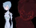  1girl ayanami_rei black_background blue_hair bodysuit commentary english_commentary highres interface_headset_(evangelion) mayuko_watson mecha_pilot_suit multiple_views neon_genesis_evangelion plugsuit_(evangelion) red_eyes short_hair white_bodysuit 