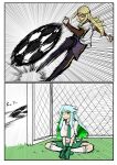  1boy 1girl absurdres ball blonde_hair colored_inner_hair emphasis_lines fate/grand_order fate_(series) goal goalkeeper green_eyes green_hair green_shoes highres kicking kukulkan_(fate) layered_sleeves long_sleeves multicolored_hair nubebenbe shoes short_over_long_sleeves short_sleeves shorts sidelocks sitting soccer soccer_ball soccer_uniform socks sportswear tezcatlipoca_(fate) tinted_eyewear white_hair 