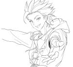  1boy :d bead_necklace beads camus_(dq11) cross-laced_clothes dragon_quest dragon_quest_xi fingerless_gloves floating_clothes floating_neckwear gloves highres jewelry korean_commentary looking_at_viewer male_focus monochrome necklace open_mouth pg_pargon reaching reaching_towards_viewer short_hair single_bang sketch smile solo spiked_hair tunic upper_body white_background 
