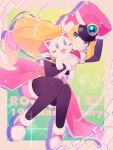  1girl anniversary black_bodysuit blonde_hair blue_eyes bodysuit border gradient_background green_background hat high-waist_skirt highres holding holding_stuffed_toy jacket long_hair mega_man_(series) mega_man_zx pink_hat pink_jacket pink_shorts prairie_(mega_man) robot_ears shadow shako_cap shizuki_airu shorts simple_background skirt stuffed_animal stuffed_cat stuffed_toy yellow_background 